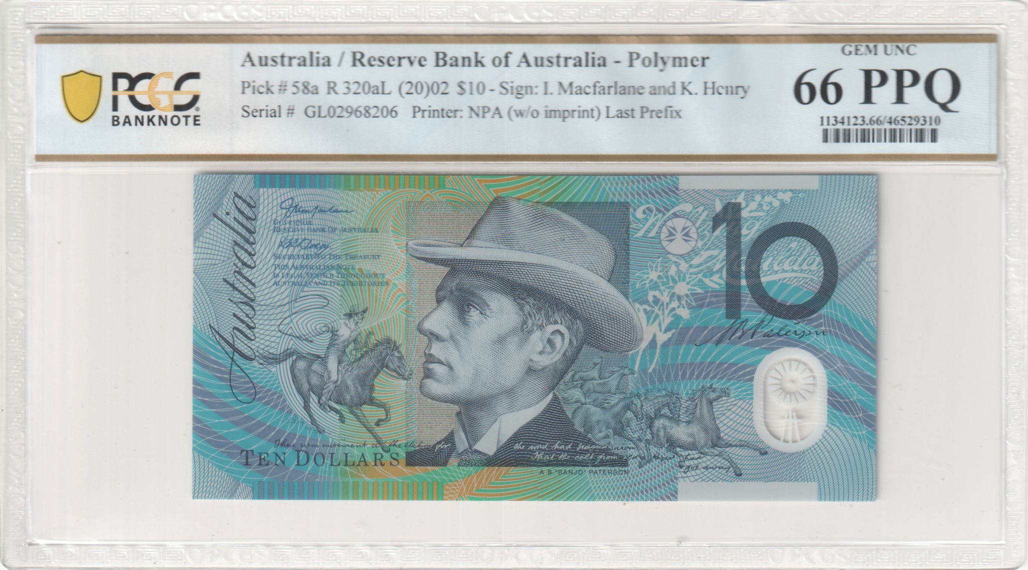 Macfarlane/Henry, Last Prefix, Ten Dollar, 2002, PCGS Gem UNC 66 PPQ