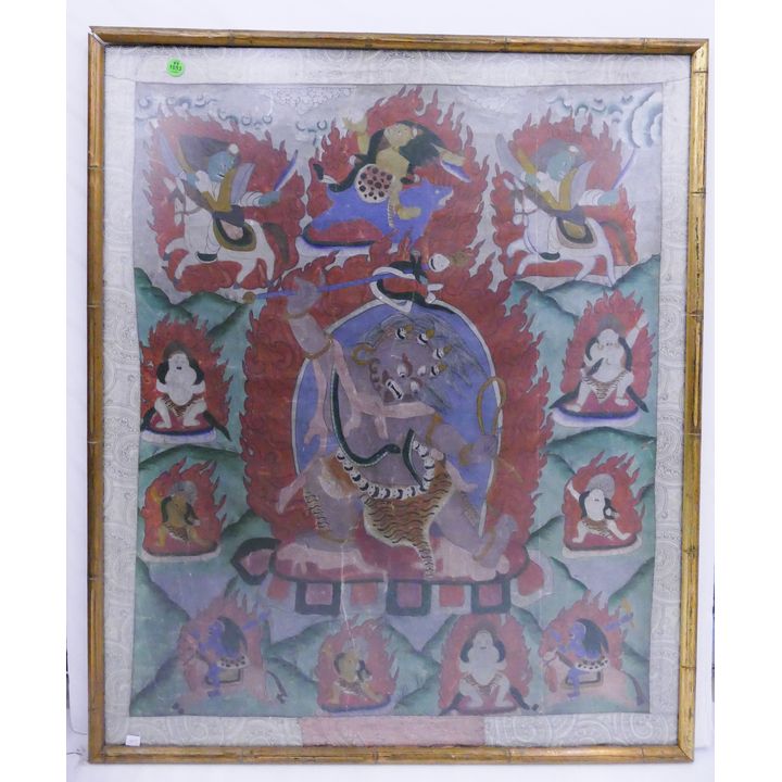 Old Tibetan Yamantaka Painted Thangka Framed- 32x27''