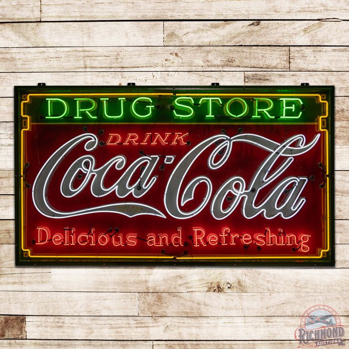 Drink Coca-Cola "Delicious and Refreshing" Drug Store Single Sided Porcelain Neon Sign