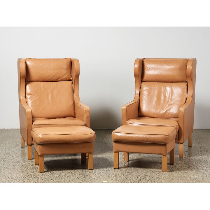 Børge Mogensen for Fredericia Stolefabrik - Pair of high-back wing chairs with matching ottomans