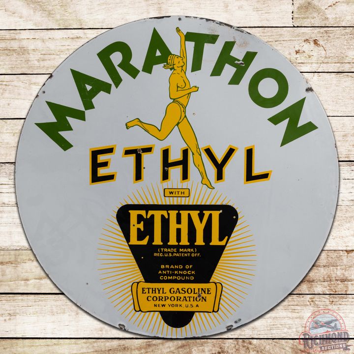 Marathon Ethyl Gasoline 30" Double Sided Porcelain Sign w/ Running Man