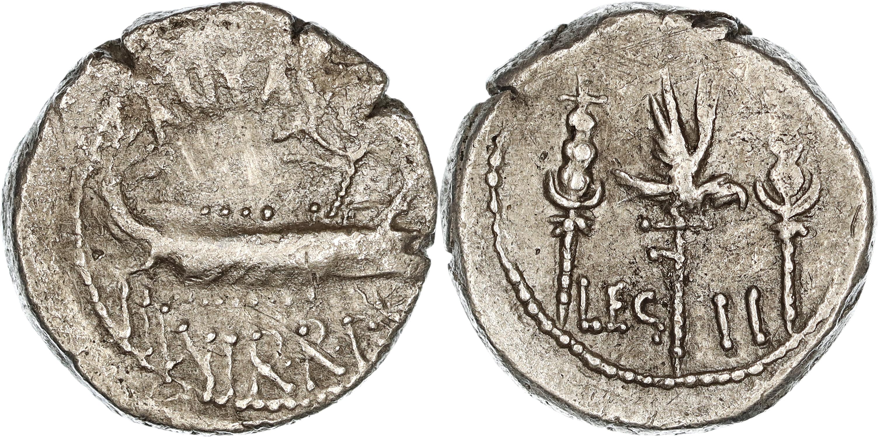 Roman Republic, Imperatorial Period, M. Antonius M.f. M.n. (Mark Antony), Silver Denarius, 32-31 BC, F+