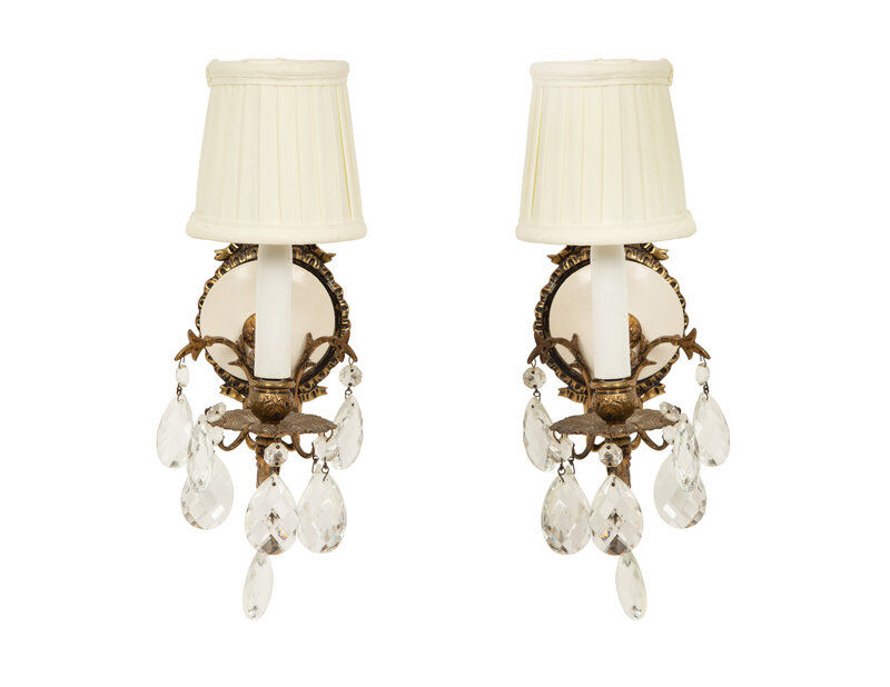 A Pair of Gilt Metal, Enamel and Cut Glass Wall Sconces