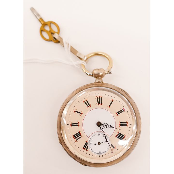 Antique Swiss Coin Silver Case Key Wind Pocket Watch- 2'' diameter