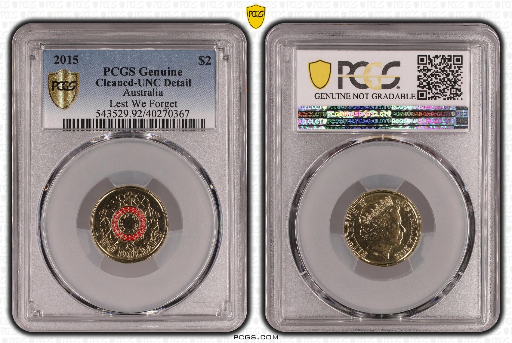 382 · Lest We Forget Colorized, Two Dollar, 2015, PCGS Genuine - UNC Details (92 - Cleaned)