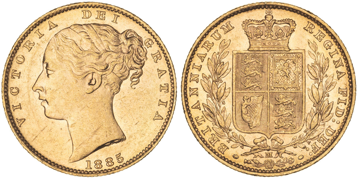 Victoria, Shield Reverse, Sovereign, 1885-M, UNC