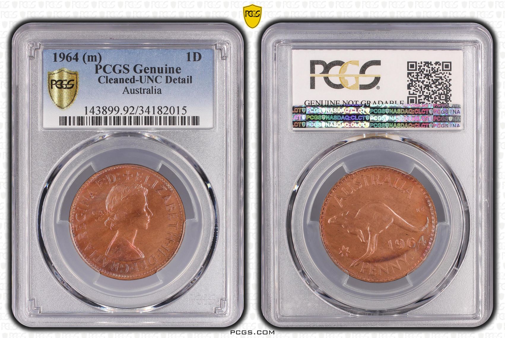 Elizabeth II, Penny, 1964, PCGS Genuine - UNC Details (92 - Cleaned)