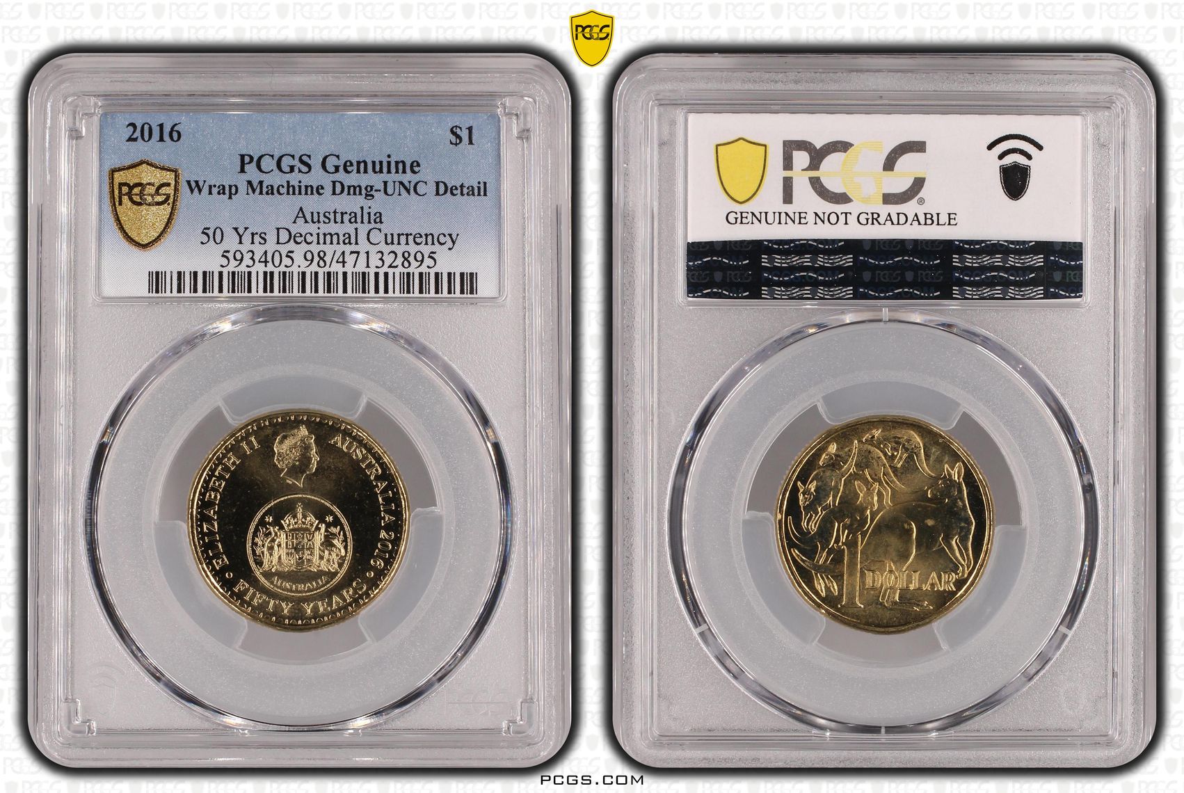 Elizabeth II, 50 Yrs Decimal Currency, One Dollar, 2016, PCGS Genuine - UNC Details (98 - Damage)