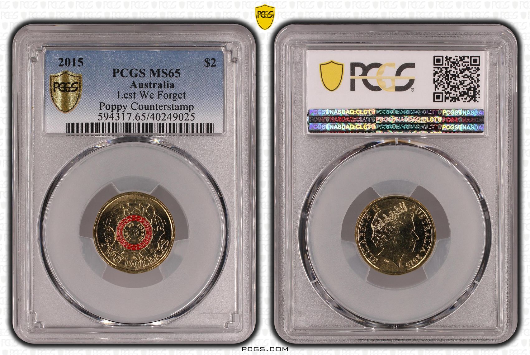 Lest We Forget Colorized Poppy counterstamp, Two Dollar, 2015, PCGS MS65