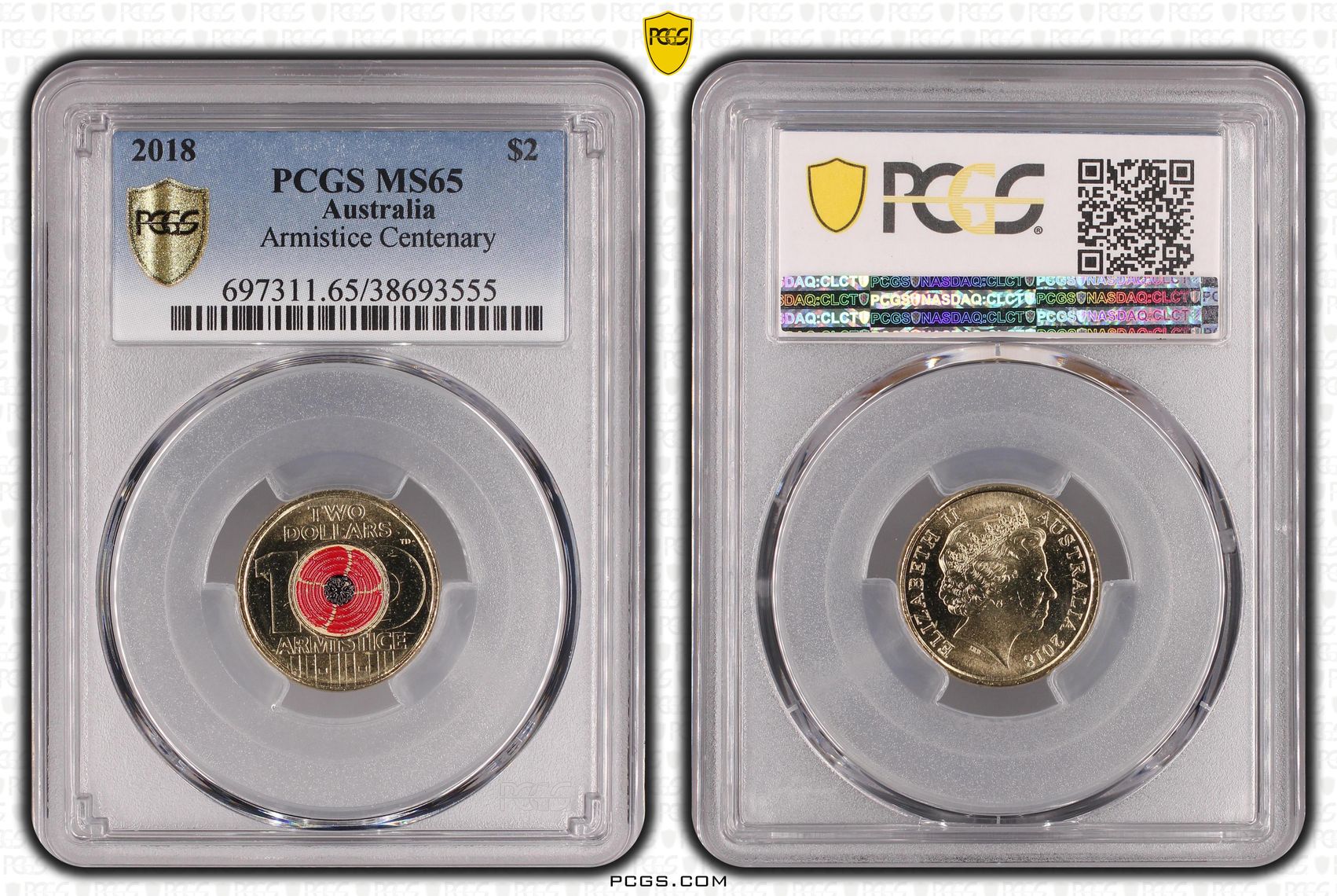 Armistice Centenary Colorized, Two Dollar, 2018, PCGS MS65