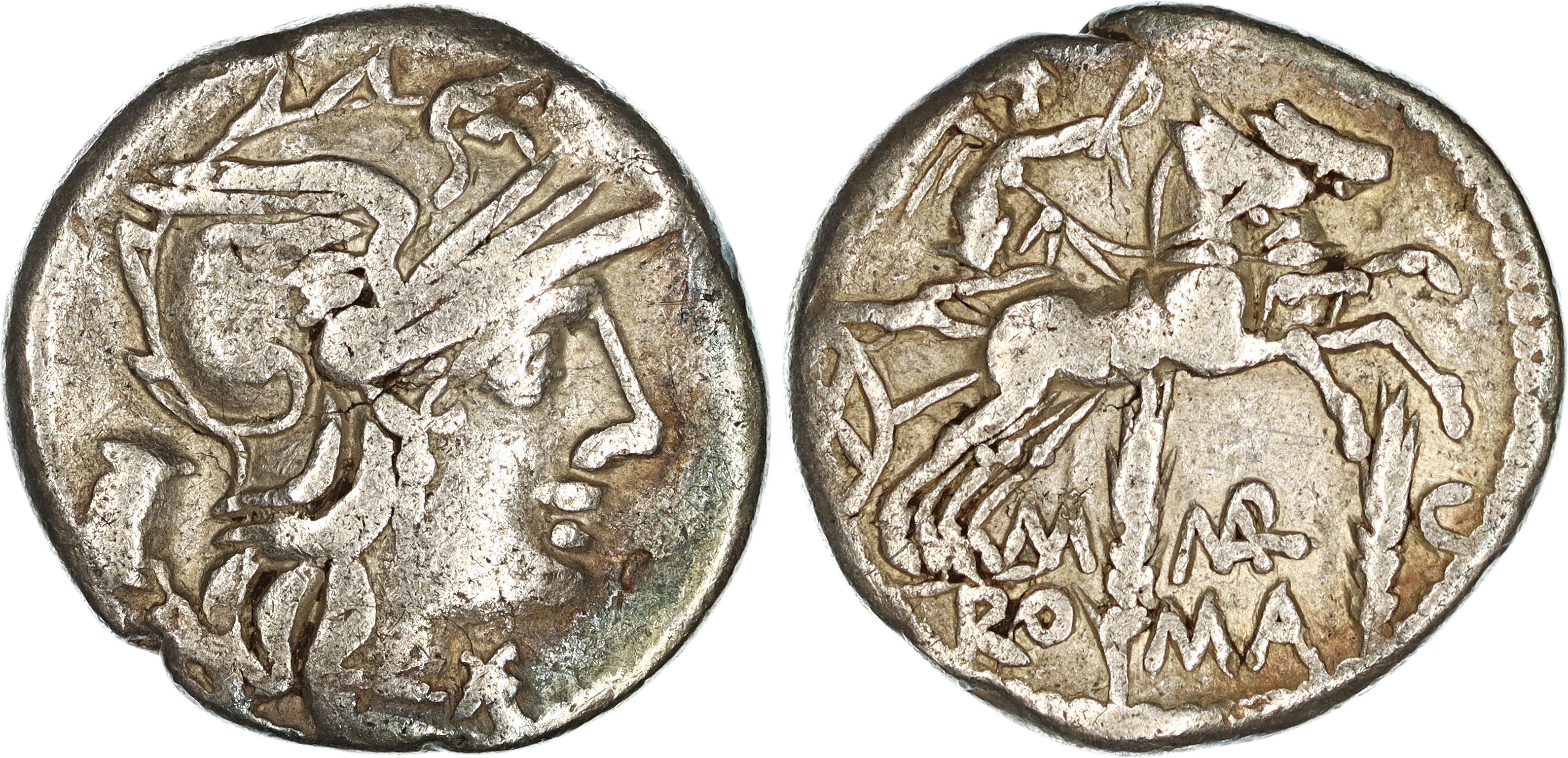 Roman Republic, M. Marcius Mn.f., Silver Denarius, 134 BC, gF-nVF