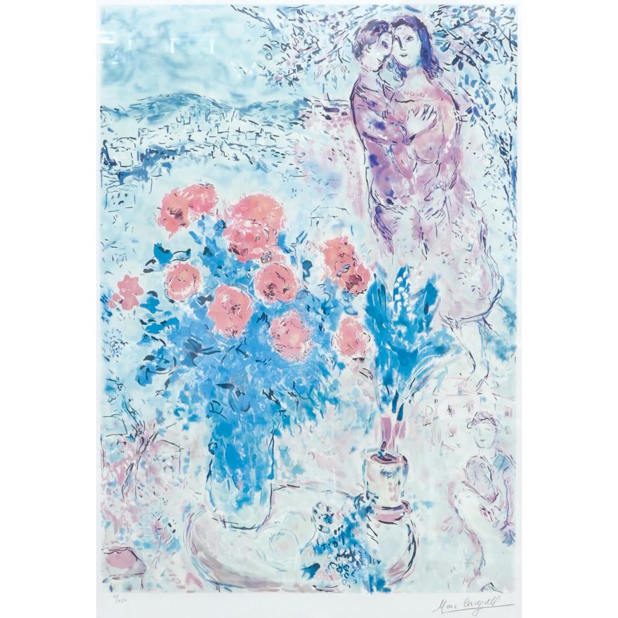Marc Chagall ''Couple with Red Bouquet'' Art Print Framed