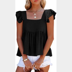 LYANER WOMEN'S SQUARE NECK RUFFLE CAP SLEEVE BUTTON BACK FLOWY HEM BLOUSE PEPLUM TOP, BLACK, LARGE