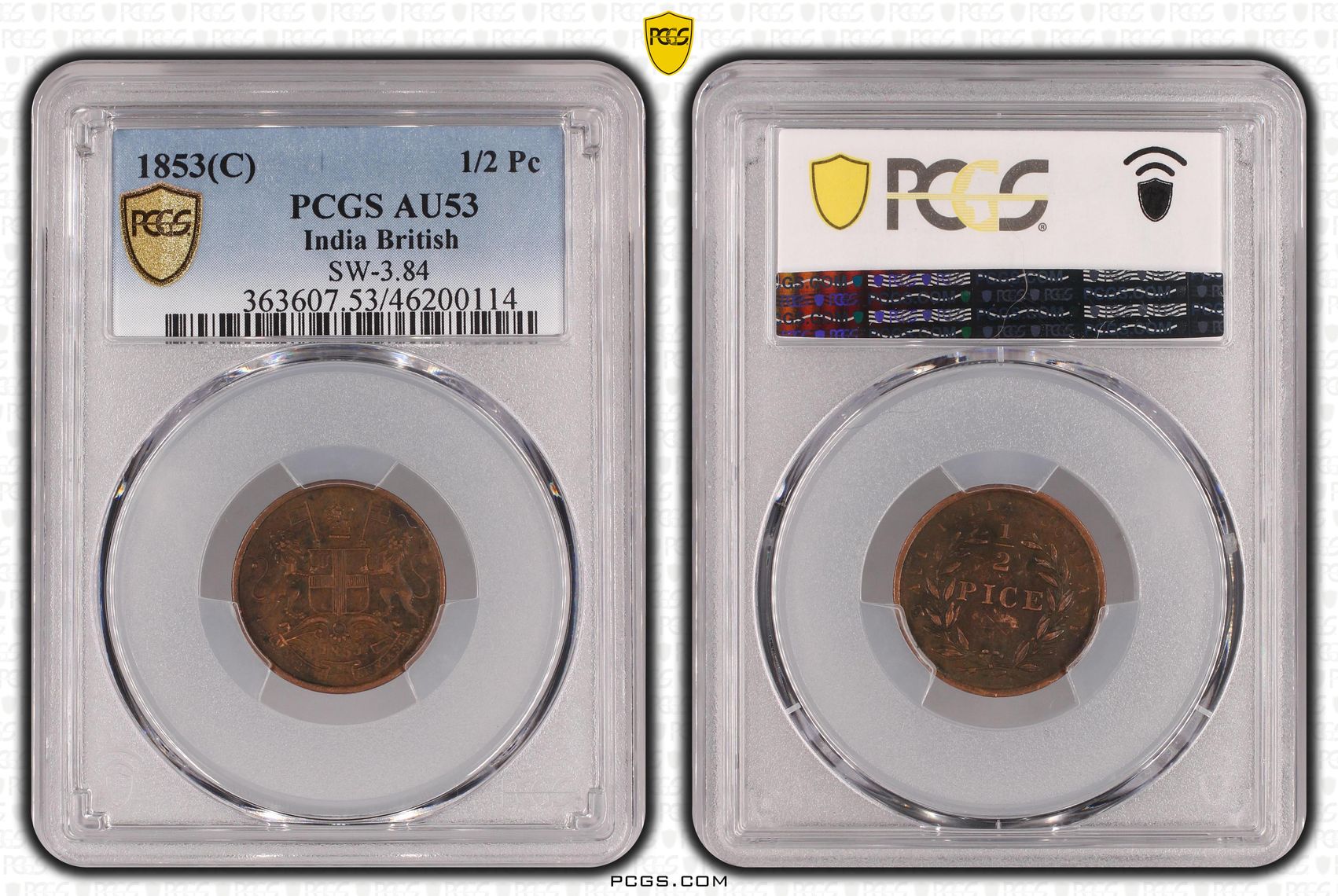 India British, SW-3.84, Half Pice, 1853(C), PCGS AU53BN
