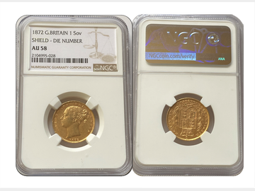 1872 VICTORIA SHIELD SOVEREIGN DIE NUMBER AU58