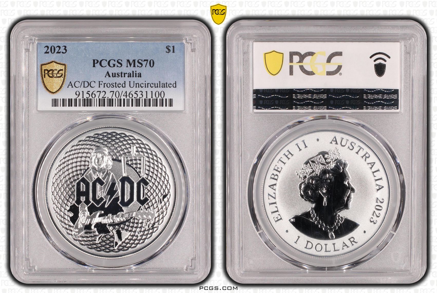AC/DC Frosted Uncirculated, POP 4/0, One Dollar, 2023, PCGS MS70