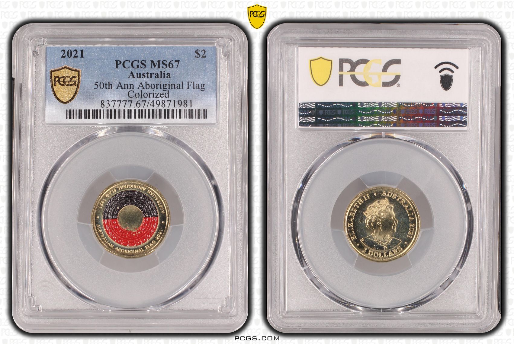 Elizabeth II, 50th Ann Aboriginal Flag Colorized , Two Dollar, 2021, PCGS MS67