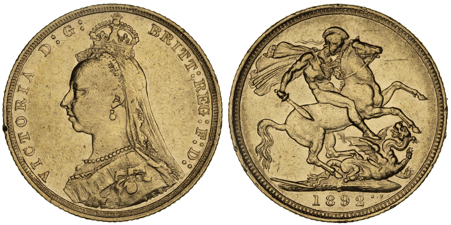 Victoria, St George Reverse, Sovereign, 1892-S, Fine