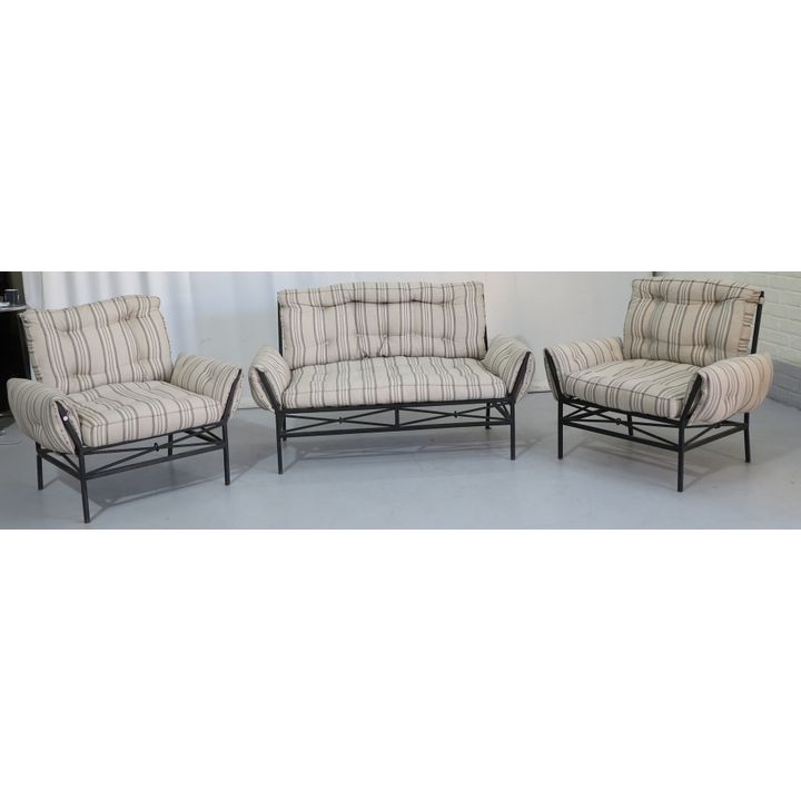 METAL GARDEN SETTEE AND PAIR OF ARMCHAIRS