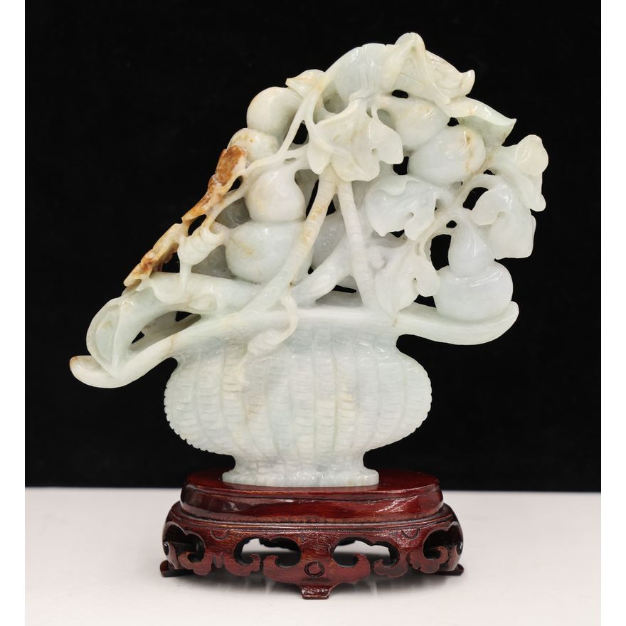 Chinese Jade Fruit Basket Carving on Stand