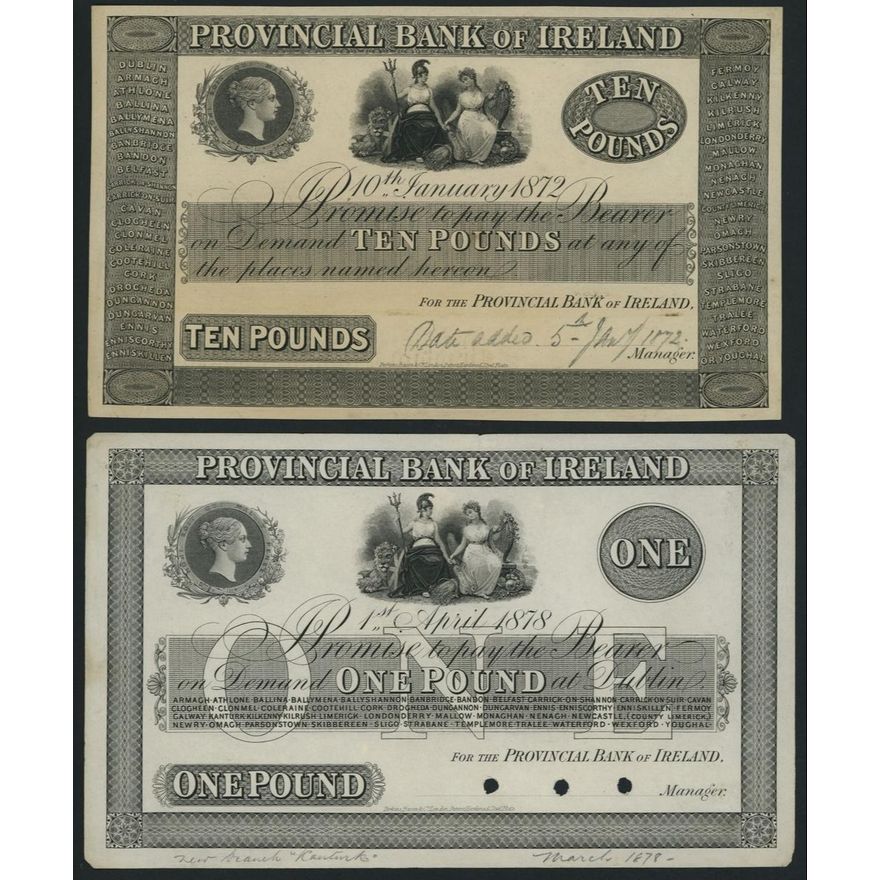 Provincial Bank of Ireland, [3 notes] specimen and proofs £1, £10, £20 ...