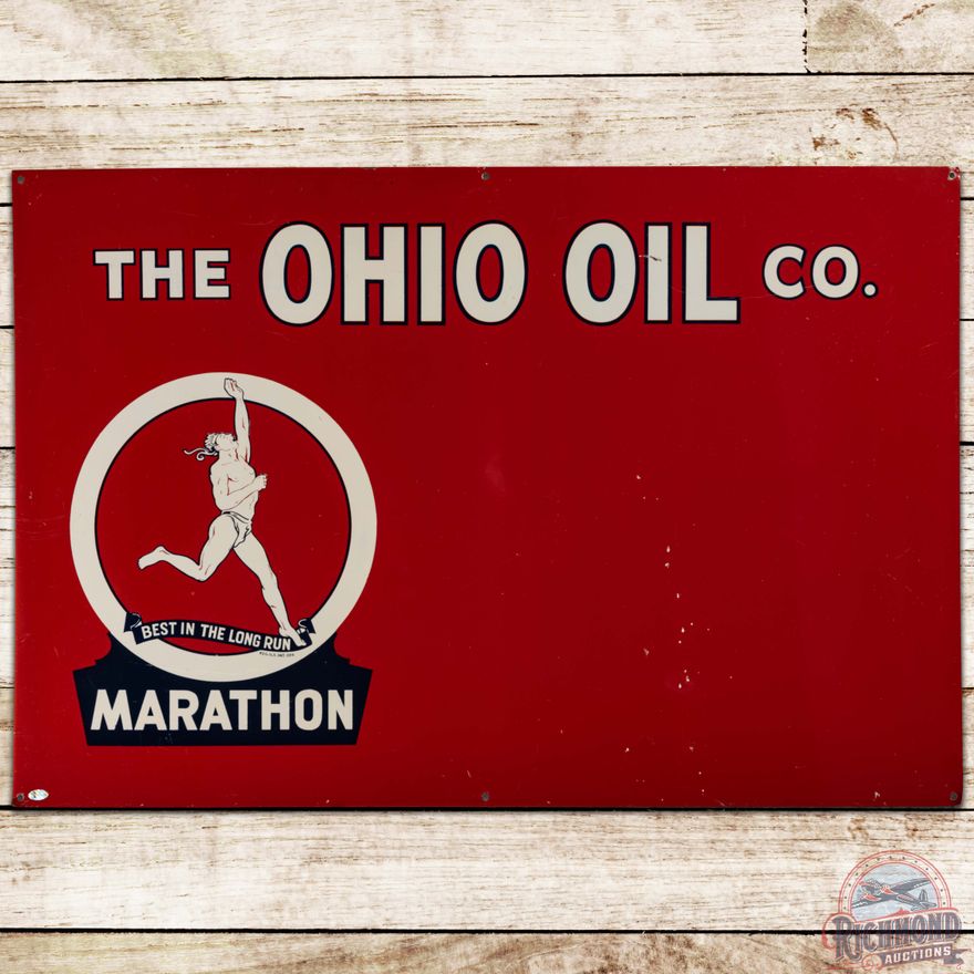 Marathon The Ohio Oil Company SS Tin Sign w/ Running Man Logo