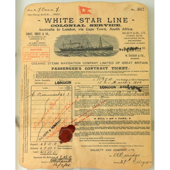 FRAMED WHITE STAR LINE TICKET