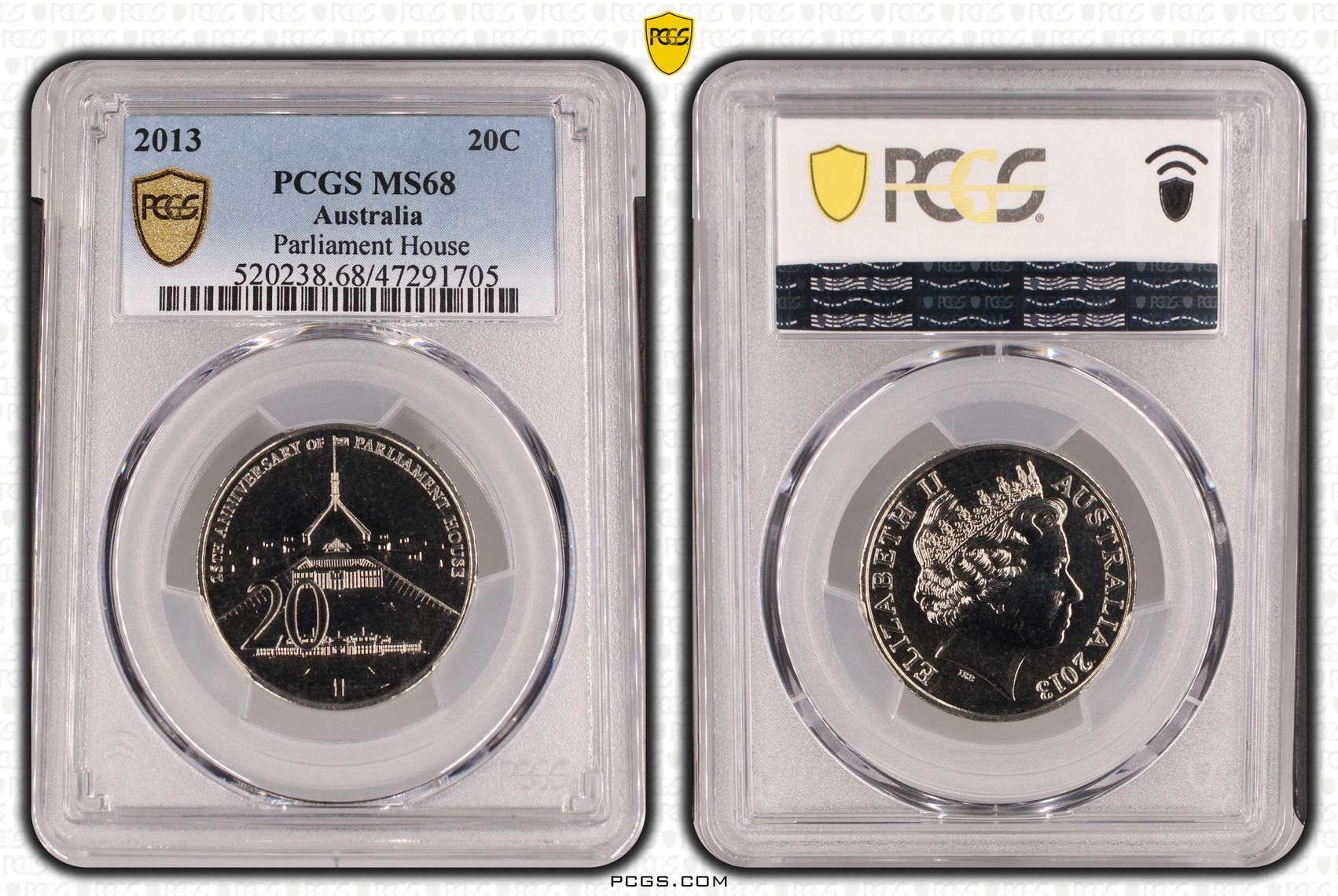 Elizabeth II, Parliament House, Twenty Cent, 2013, PCGS MS68