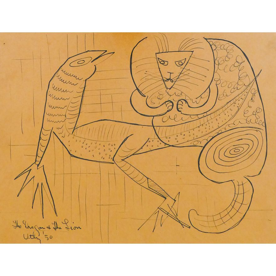 Windsor Utley (1920-1989 Washington) 'The Dragon & The Lion' (1950) Ink on Paper Framed- 18.5x18.5''