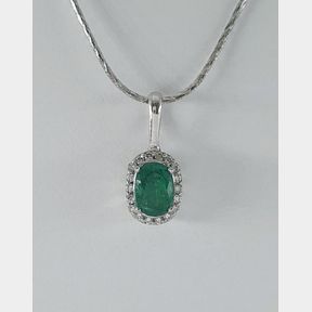 STUNNING 9CTWHITE GOLD HALO PENDANT WITH VIVID GREEN EMERALD 0.390CT & 0.100CT DIAMONDS - 51929/3685