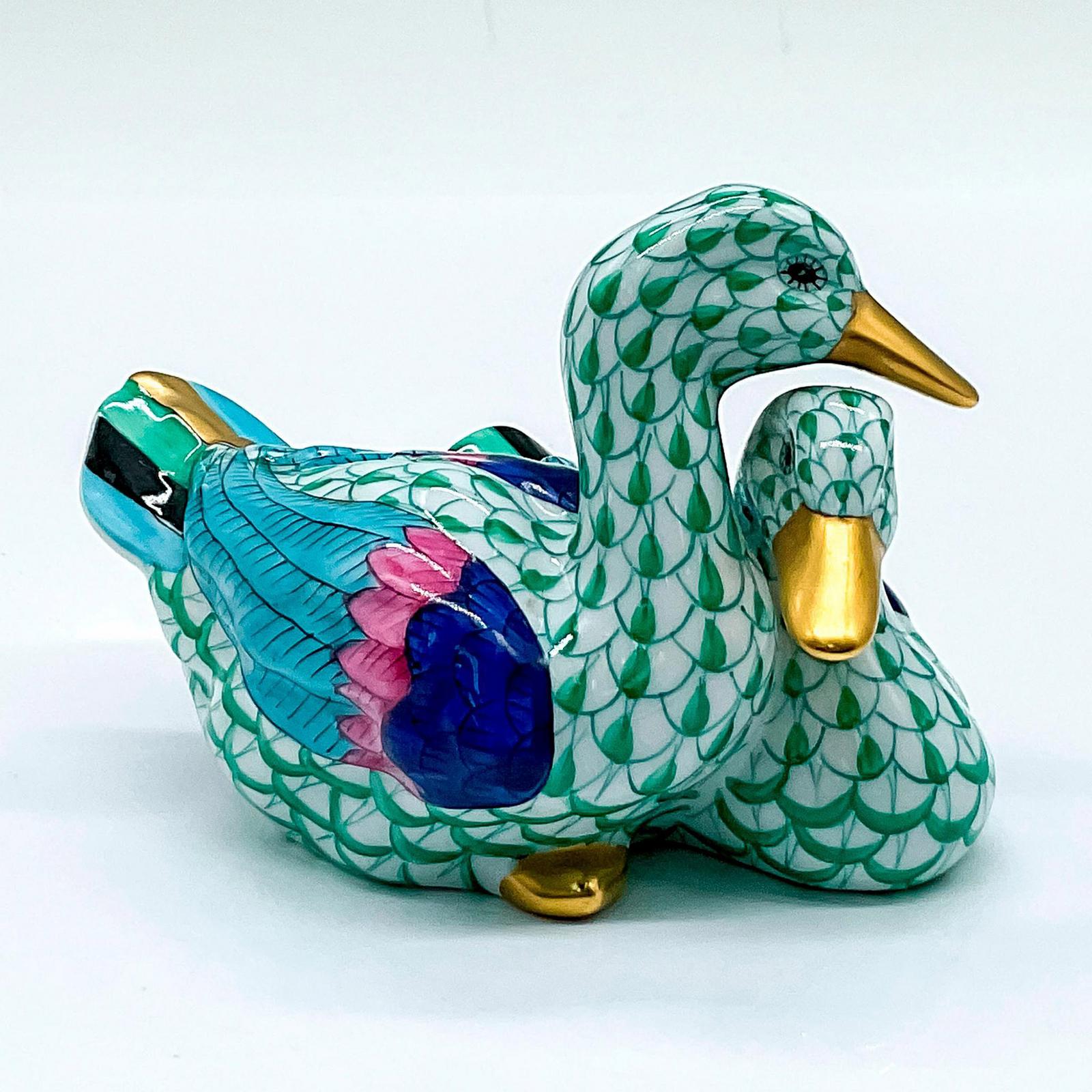Herend Porcelain Green Figurine, Pair of Ducks