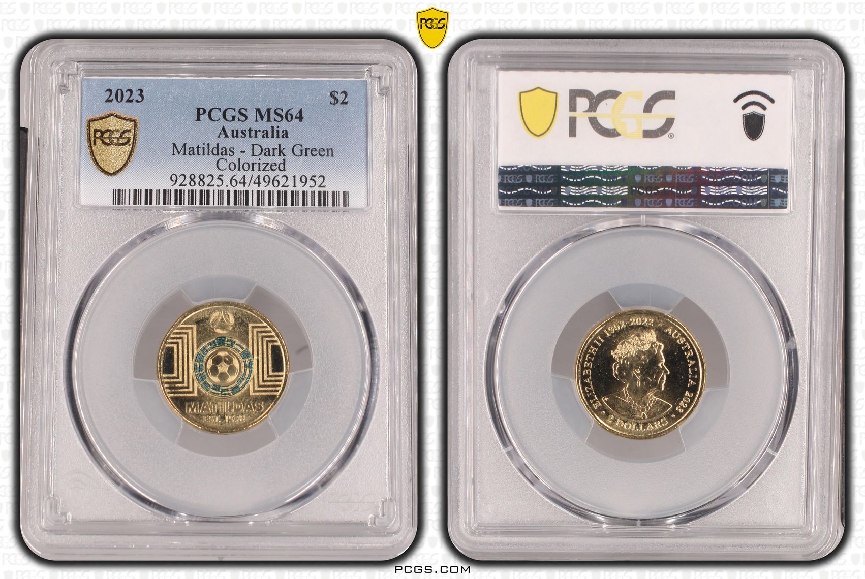 Matildas - Dark Green Colorized , Two Dollar, 2023, PCGS MS64