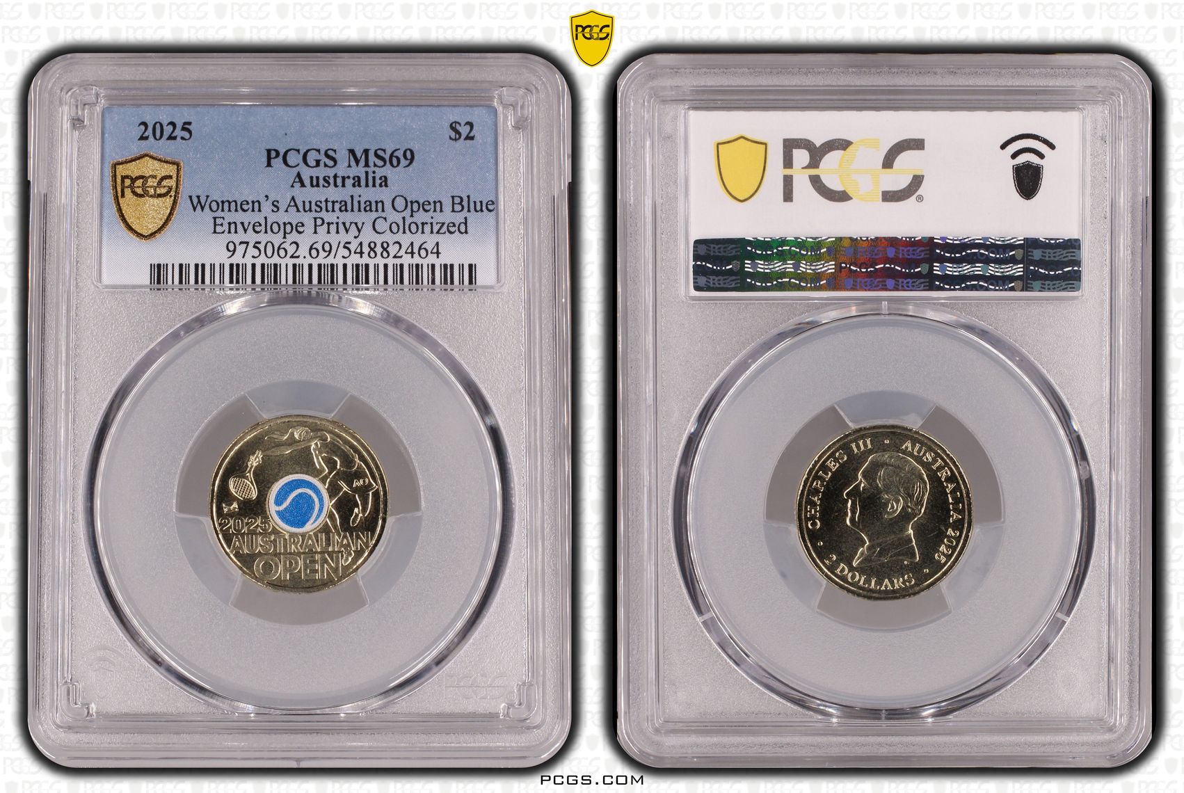 Womens Australian Open Blue Envelope Privy Colorized, Two Dollar, 2025, PCGS MS69