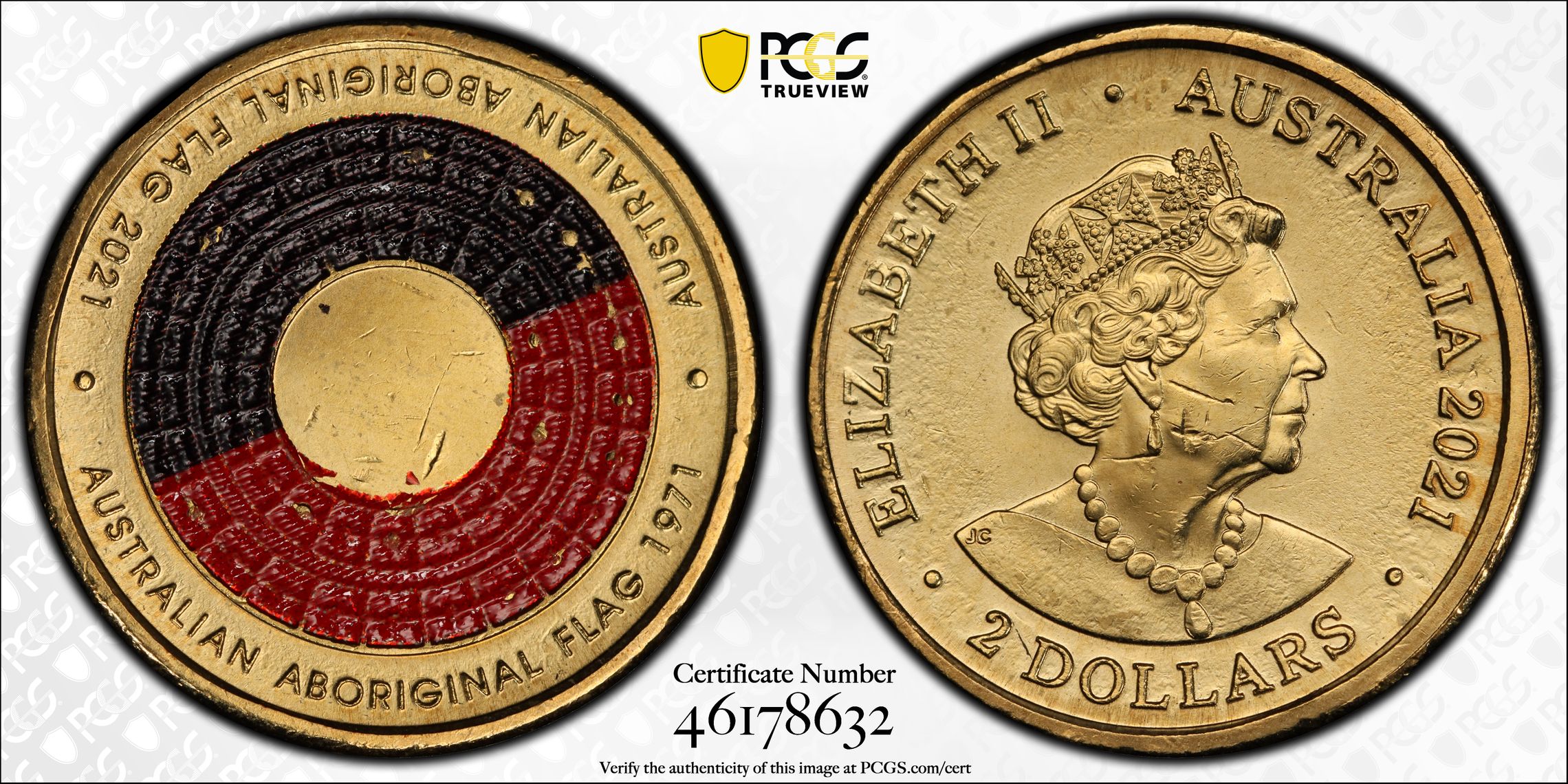Elizabeth II, 50th Ann Aboriginal Flag Colorized , Two Dollar, 2021, PCGS MS64