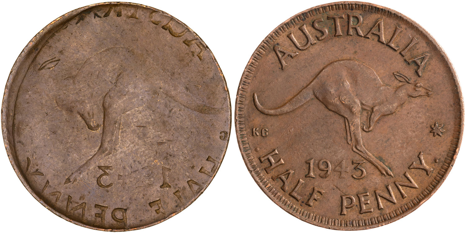 George VI, Brockage Error, Halfpenny, 1943-Y., VF