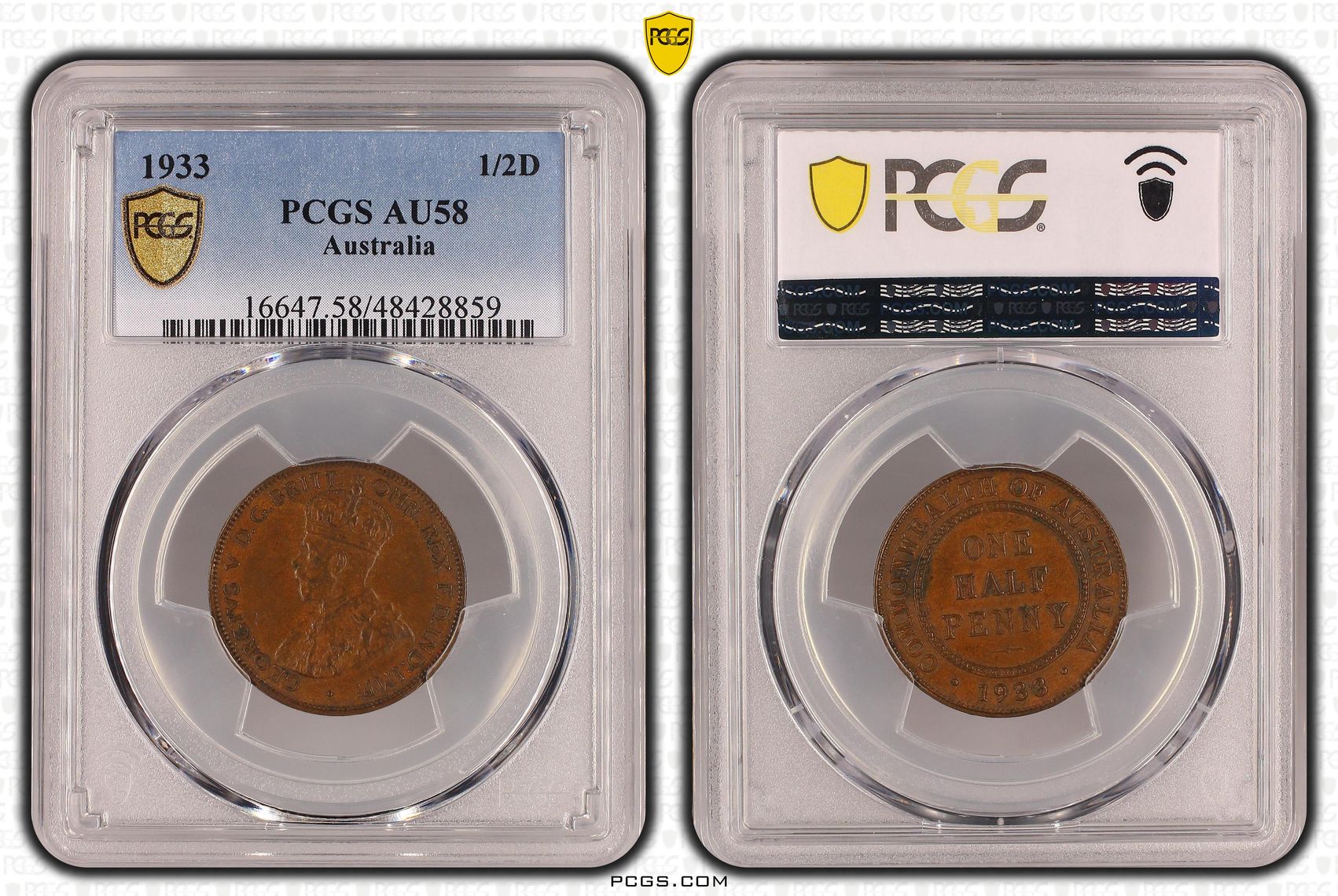 Halfpenny, 1933, PCGS AU 58BN