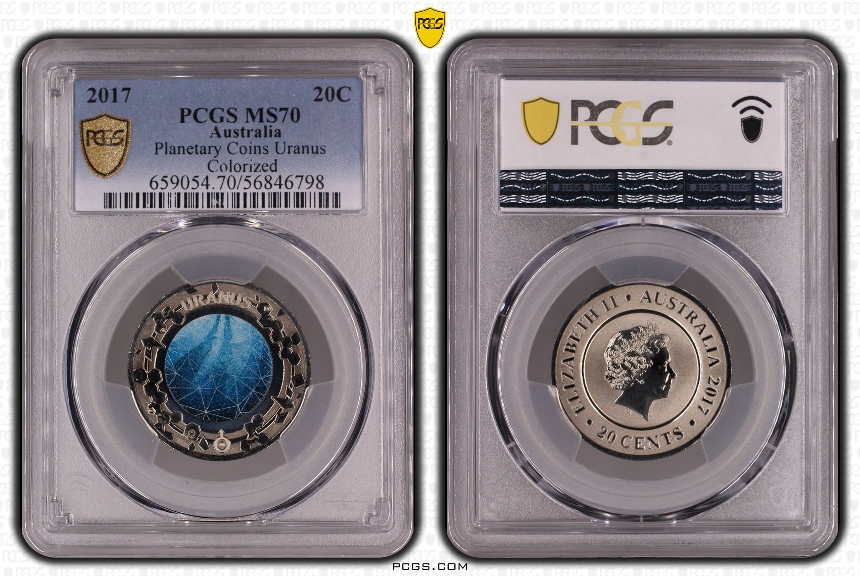 232 · Planetary Coins Uranus Colourised, Twenty Cent, 2017,  MS70