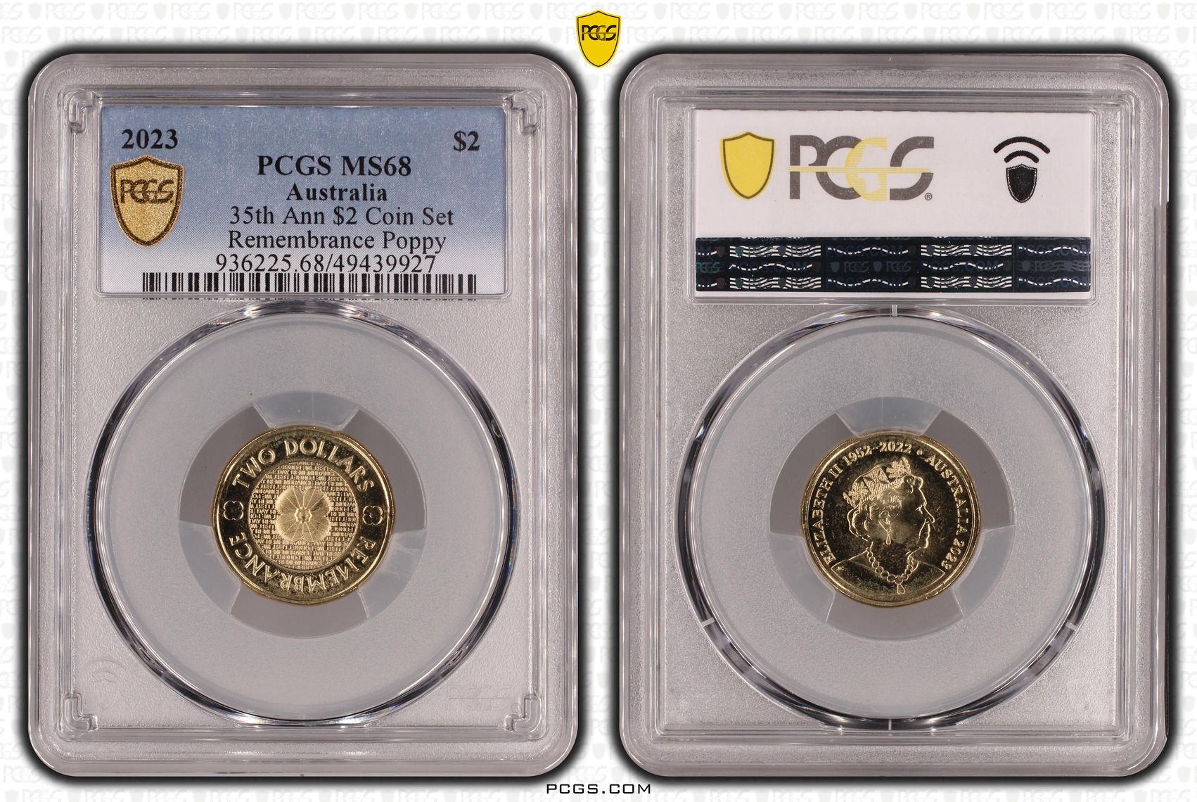 Elizabeth II, 35th Ann $2 Coin Set Remembrance Poppy , Two Dollar, 2023, PCGS MS68