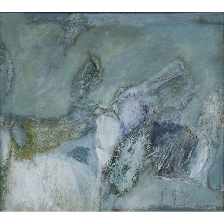Mid Century Manson ''Blue Abstract'' 1960 Oil and Collage on Masonite