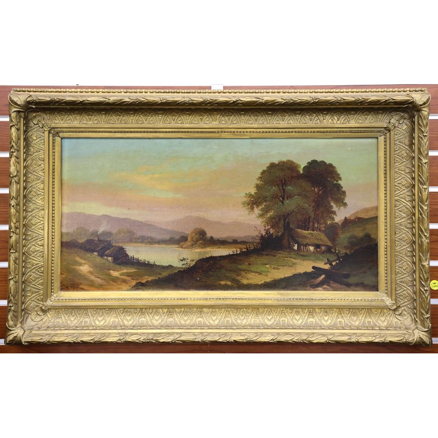 Antique William Voegtlin ''Cottage Landscape'' Oil Painting Framed 20''x32''