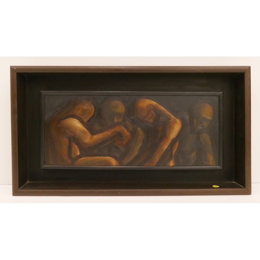 Signed Paton Midcentury Figures Abstract Oil Framed- 15x28''