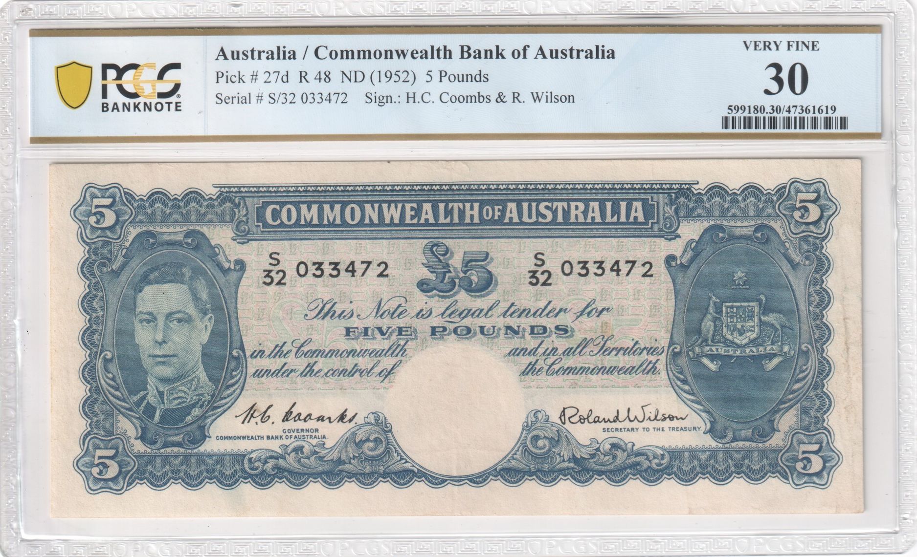 Five Pounds, 1952, PCGS Very Fine 30