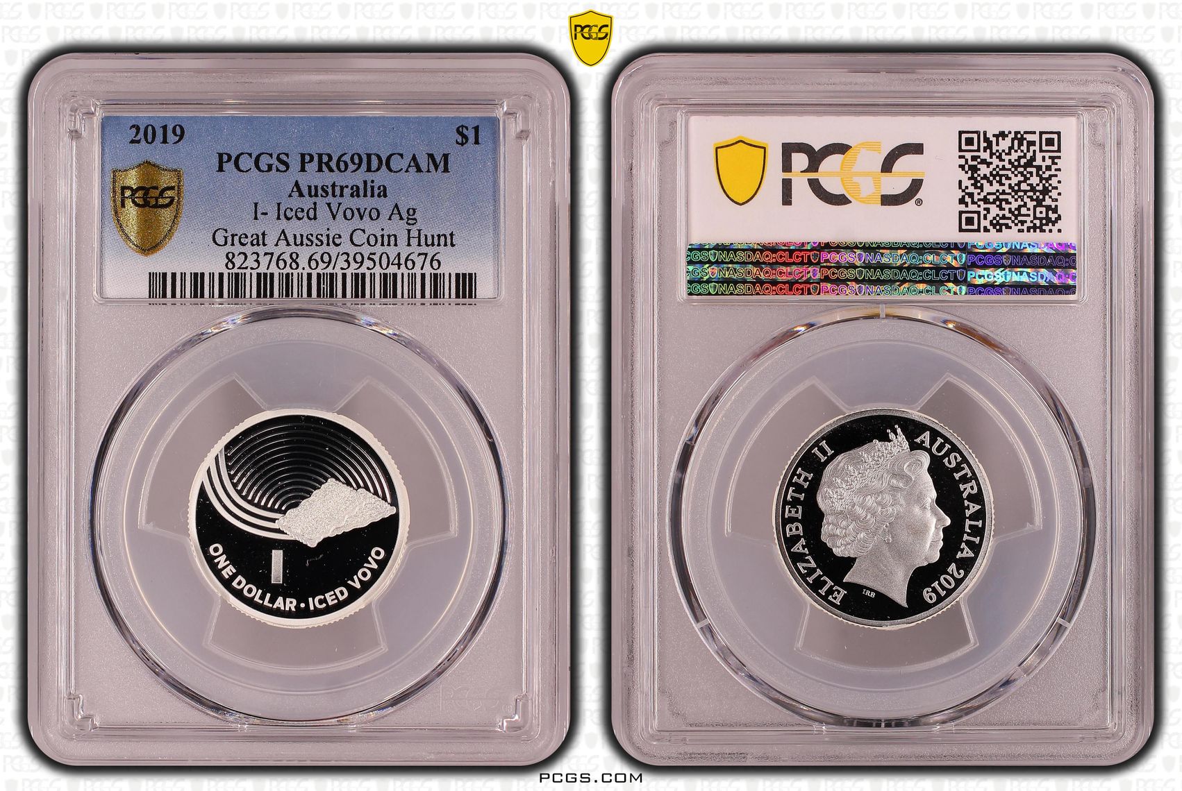 I- Iced Vovo Ag Great Aussie Coin Hunt, POP 3/0, One Dollar, 2019, PCGS PR69DCAM