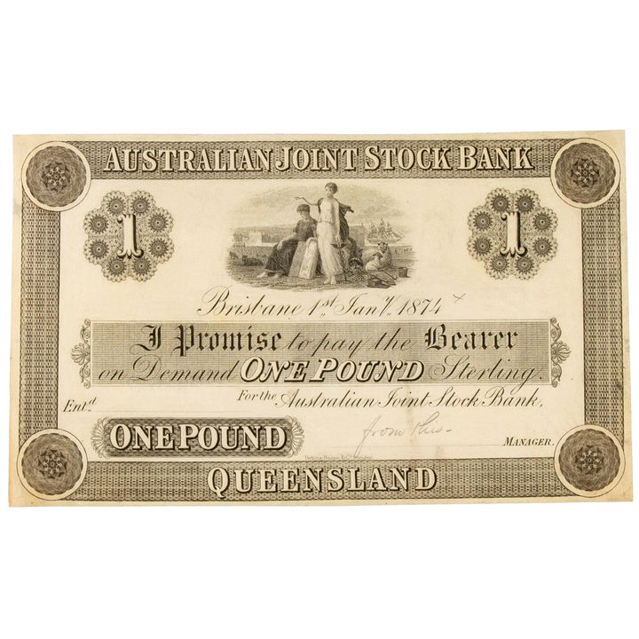 Australian Joint Stock Bank - Queensland, One Pound, 1874, EF