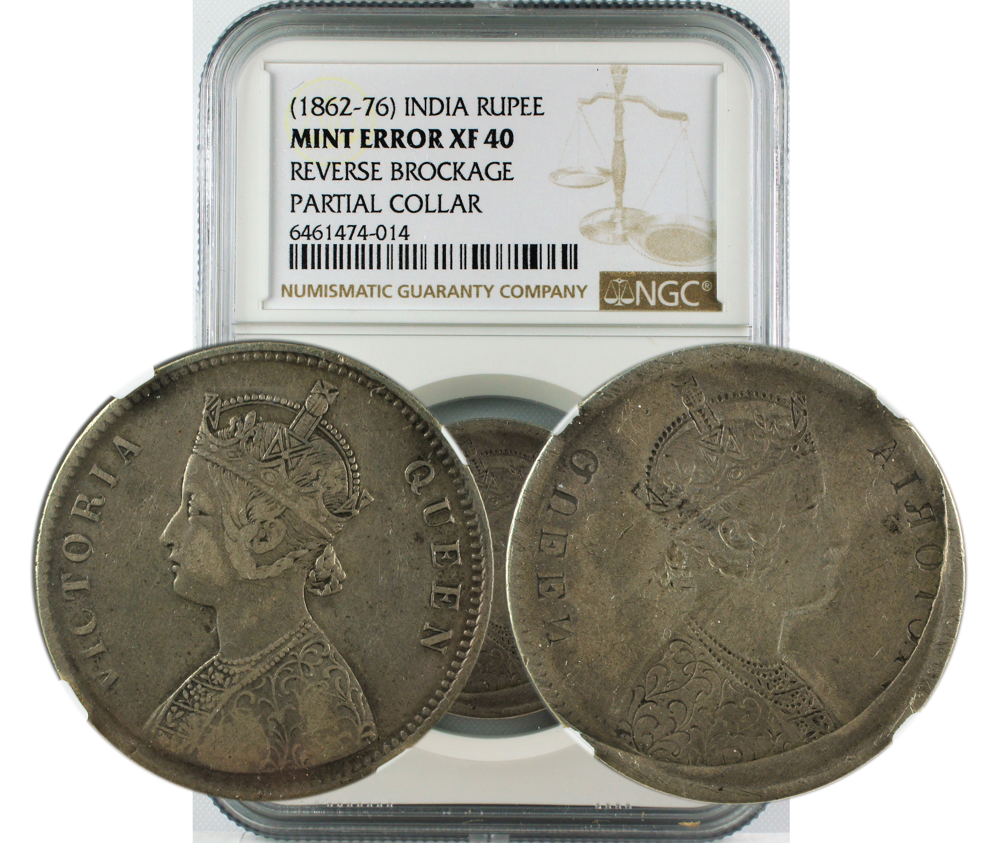 1862-76 INDIA RUPEE MINT ERROR XF40 REVERSE BROCKAGE PARTIAL COLLAR