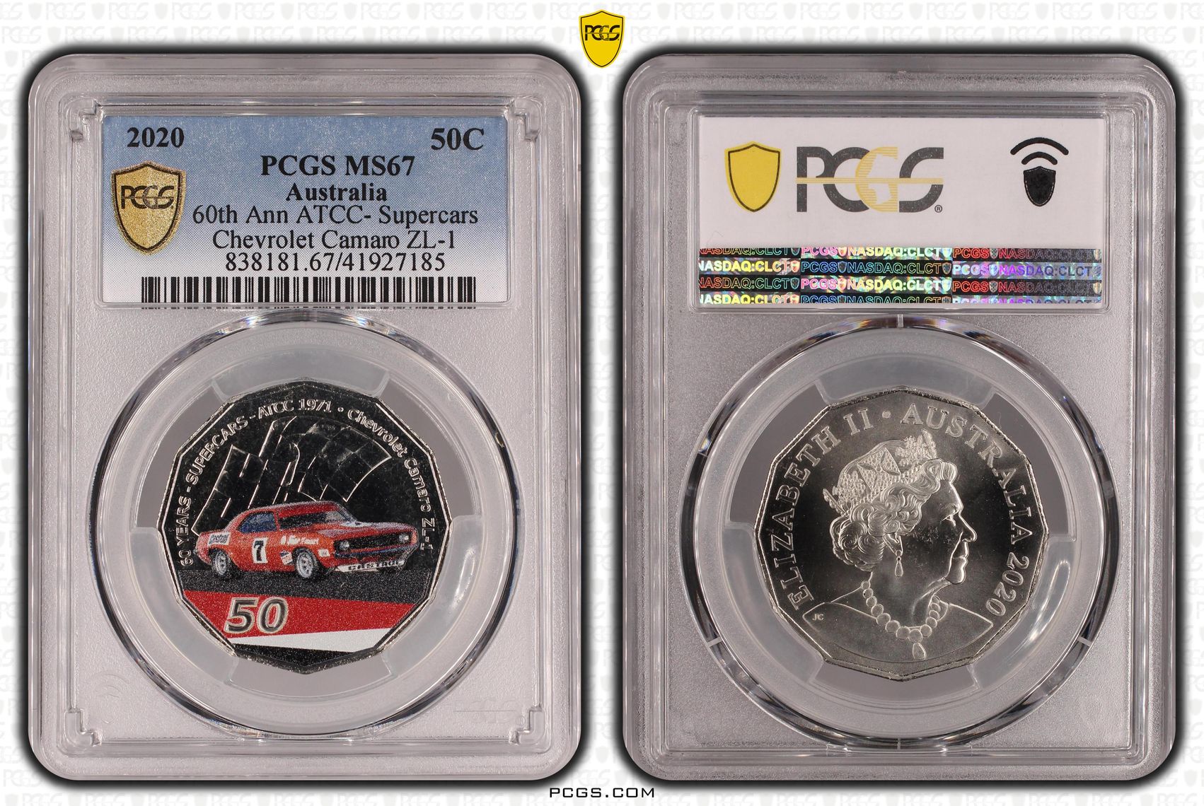 60th Ann ATCC- Supercars Chevy Camaro ZL-1 Colorized, Fifty Cent, 2020, PCGS MS67