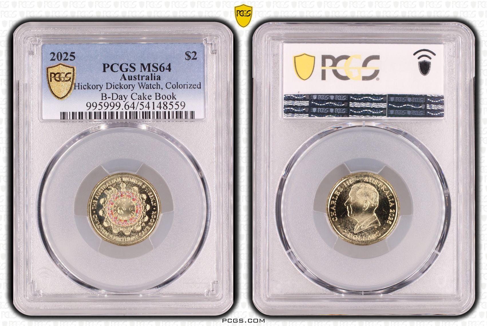 Hickory Dickory Watch, Colourised B-Day Cake Book, Two Dollar, 2025, PCGS MS64