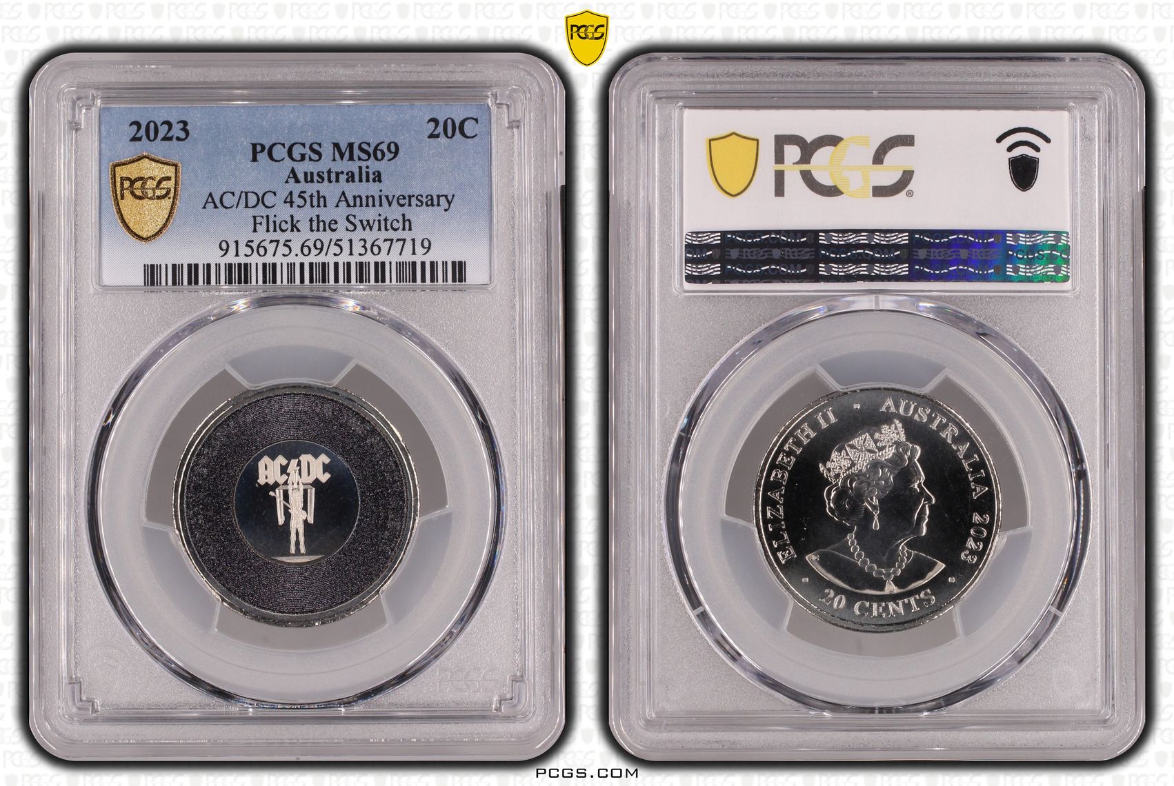 AC/DC 45th Anniversary - Flick the Switch, Twenty Cent, 2023, PCGS MS69