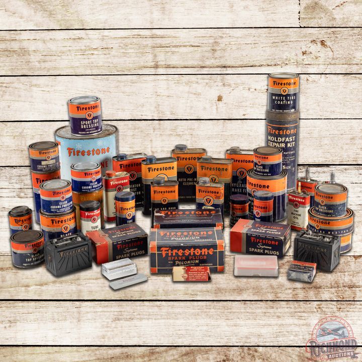 Large Group of 49 Firestone Items Cans Lead Top Handy Oilers Spark Plugs w/ Boxes & Others