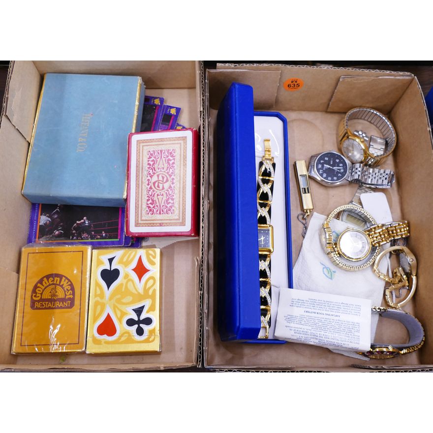 2 Boxes Old Playing Cards and Watches